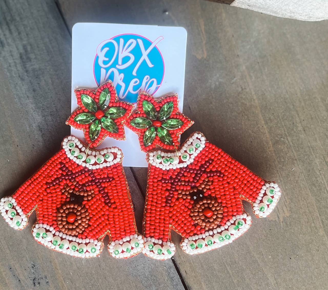 OBX Prep - Christmas Sweater Reindeer Seed Beaded Dangle Earrings