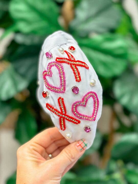 Seed Bead XO Heart Knotted Headband: Pink
