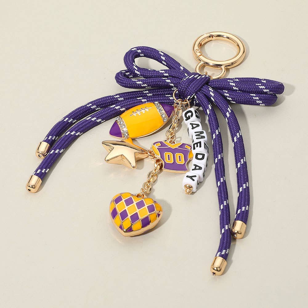Sensibling Corp. - Football Themed Charm GAME DAY Message Beaded Rope Bow Accent Keychain / Bag Charm: Blue,Gold,White