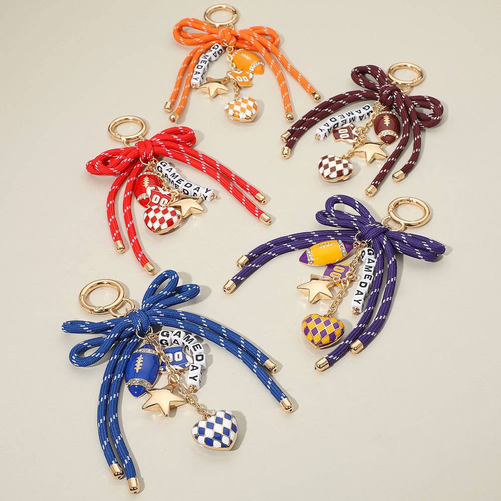 Sensibling Corp. - Football Themed Charm GAME DAY Message Beaded Rope Bow Accent Keychain / Bag Charm: Blue,Gold,White