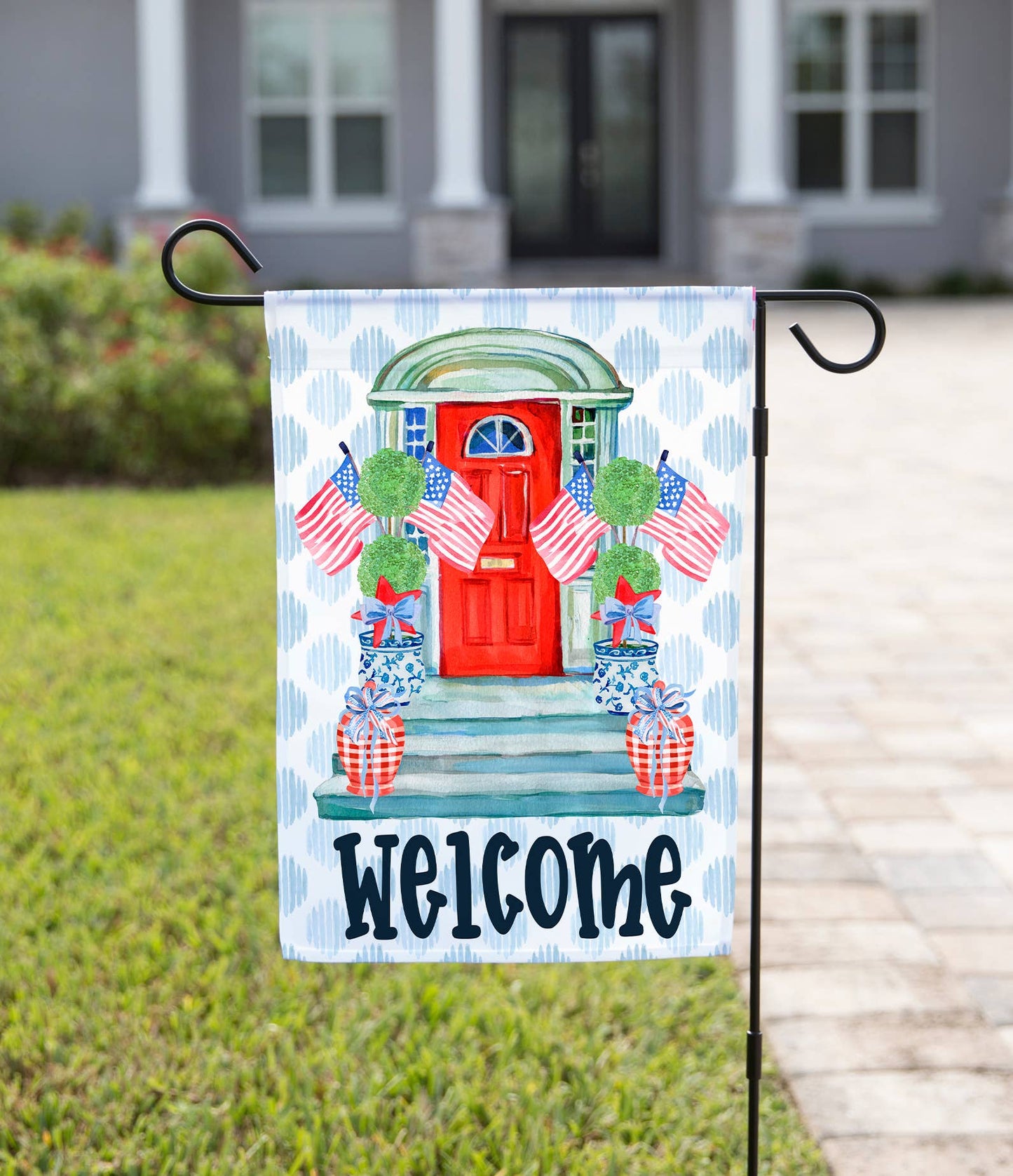 The Navy Knot - Summer Garden Flag - Welcome Front Door with Flags: 12" x 18" - Double-Sided