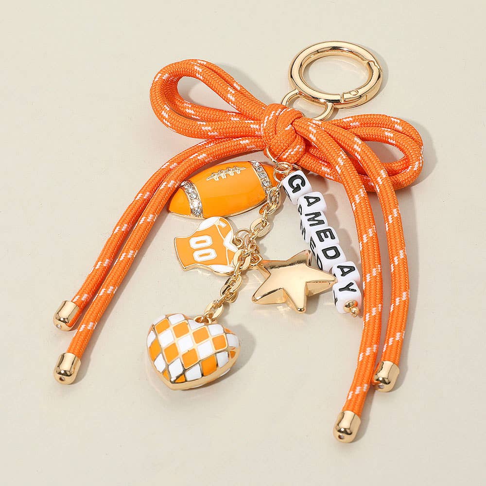 Sensibling Corp. - Football Themed Charm GAME DAY Message Beaded Rope Bow Accent Keychain / Bag Charm: Blue,Gold,White
