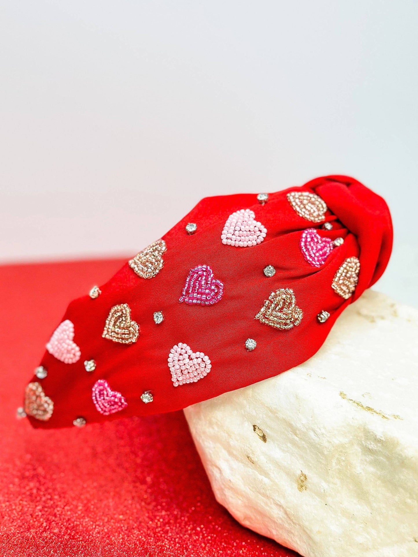 Seed Bead Multi Heart Knotted Headband - Red
