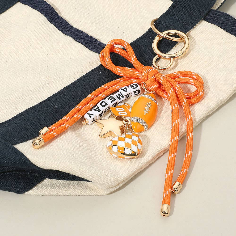 Sensibling Corp. - Football Themed Charm GAME DAY Message Beaded Rope Bow Accent Keychain / Bag Charm: Blue,Gold,White