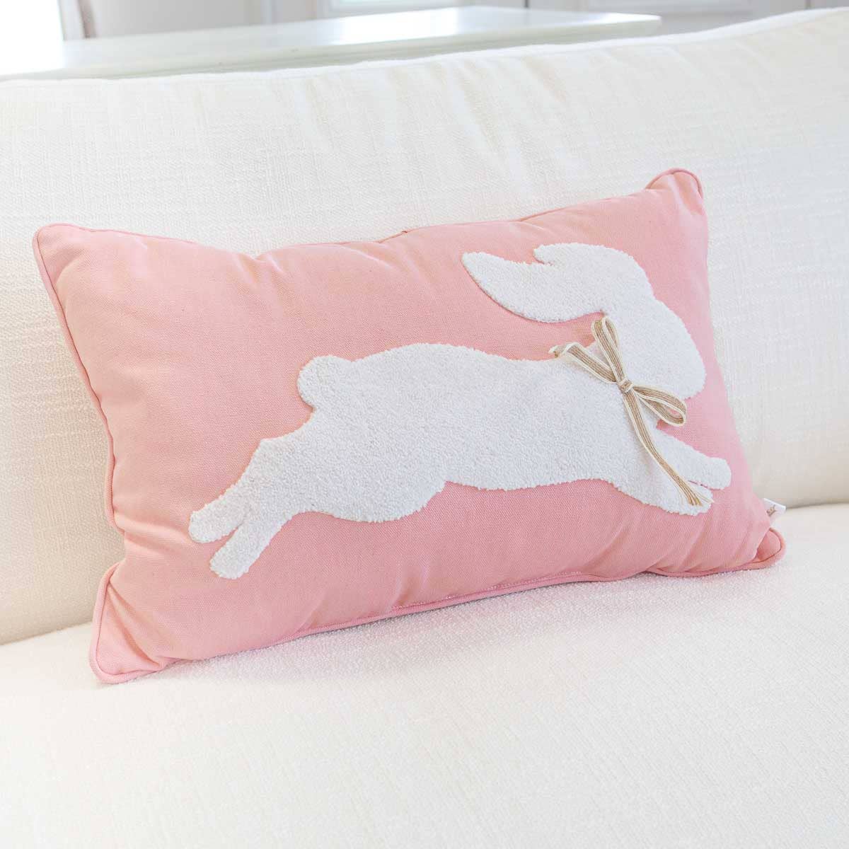 The Royal Standard - Leaping Bunny Embroidered Lumbar Pillow Light Pink/White 13x20