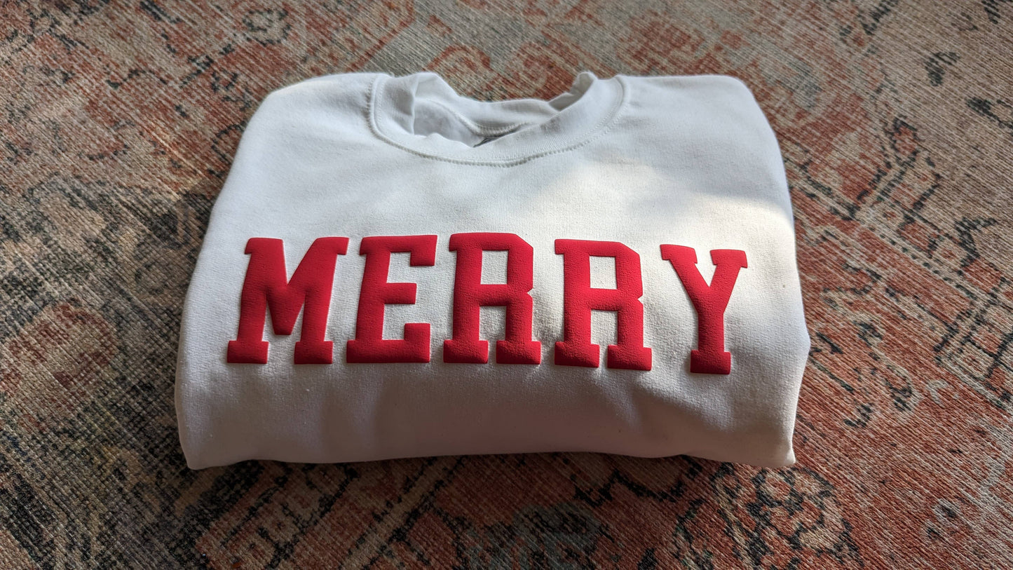 Christmas Sweatshirt MERRY Holiday Crewneck Sweater Puff: Sand