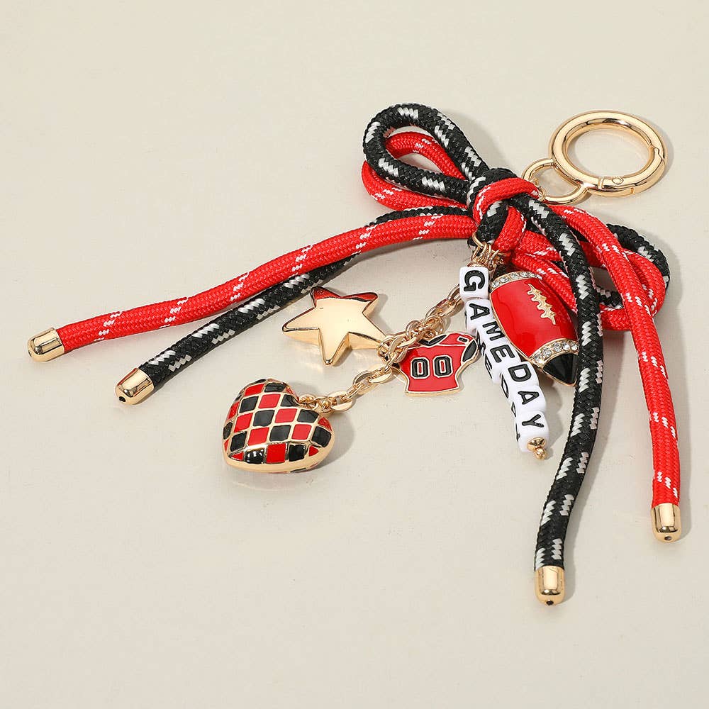 Sensibling Corp. - Football Themed Charm GAME DAY Message Beaded Rope Bow Accent Keychain / Bag Charm: Gold,Red,White