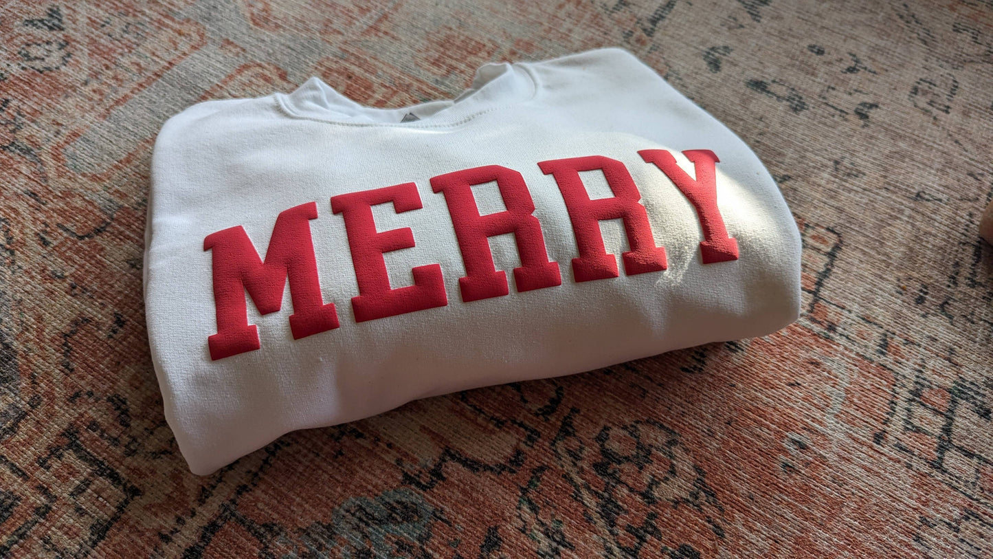 Christmas Sweatshirt MERRY Holiday Crewneck Sweater Puff: Sand