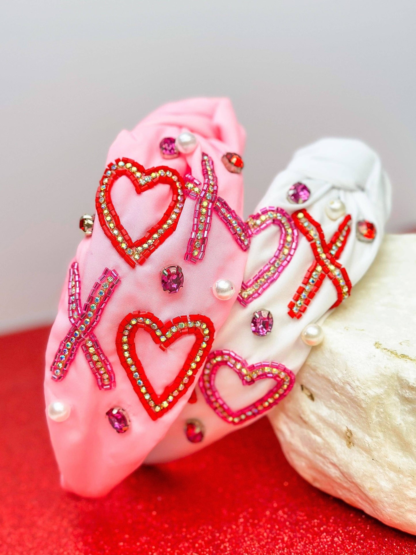 Seed Bead XO Heart Knotted Headband: White