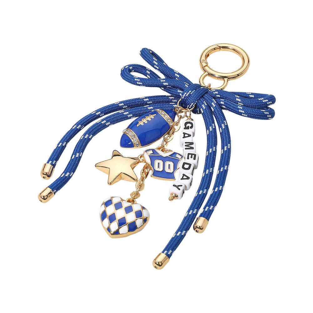 Sensibling Corp. - Football Themed Charm GAME DAY Message Beaded Rope Bow Accent Keychain / Bag Charm: Blue,Gold,White