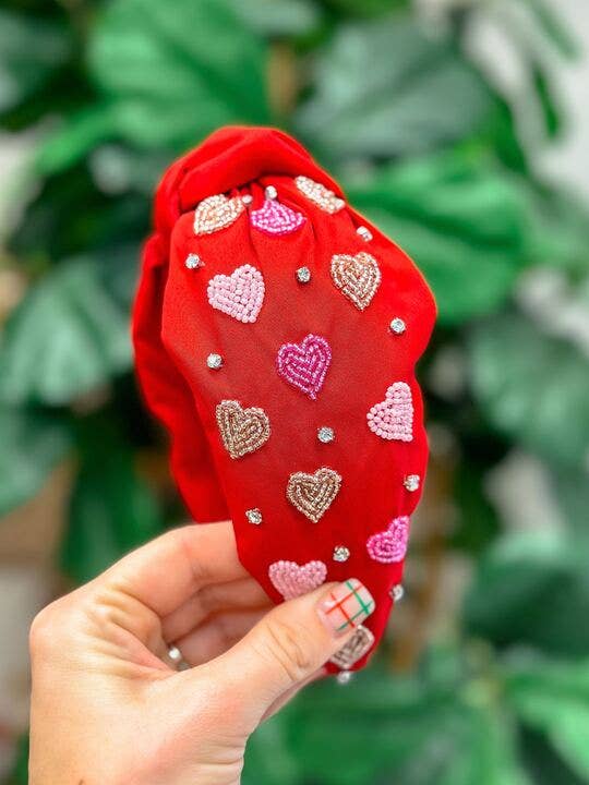 Seed Bead Multi Heart Knotted Headband - Red