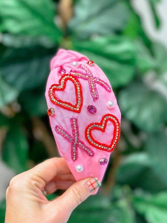 Seed Bead XO Heart Knotted Headband: Pink