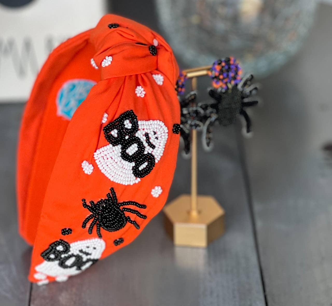 OBX Prep - Boo Spider and Ghost Top Knot Seed Beaded Halloween Headband