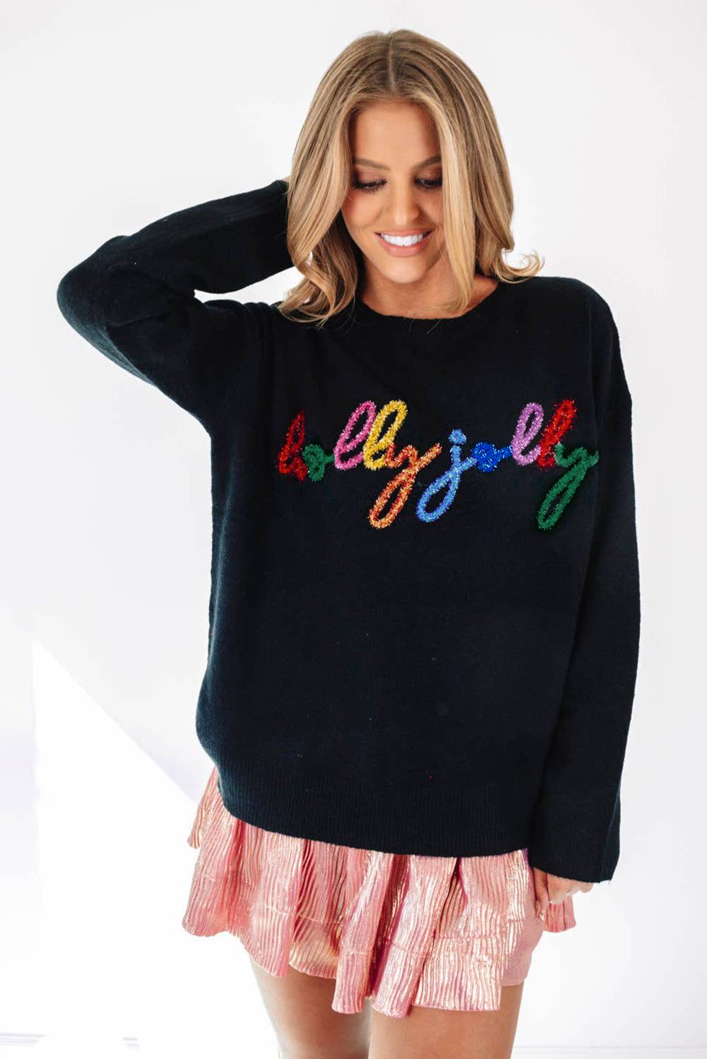 Holly Jolly Round Neck Casual Sweater: L / Black / 100%Polyester