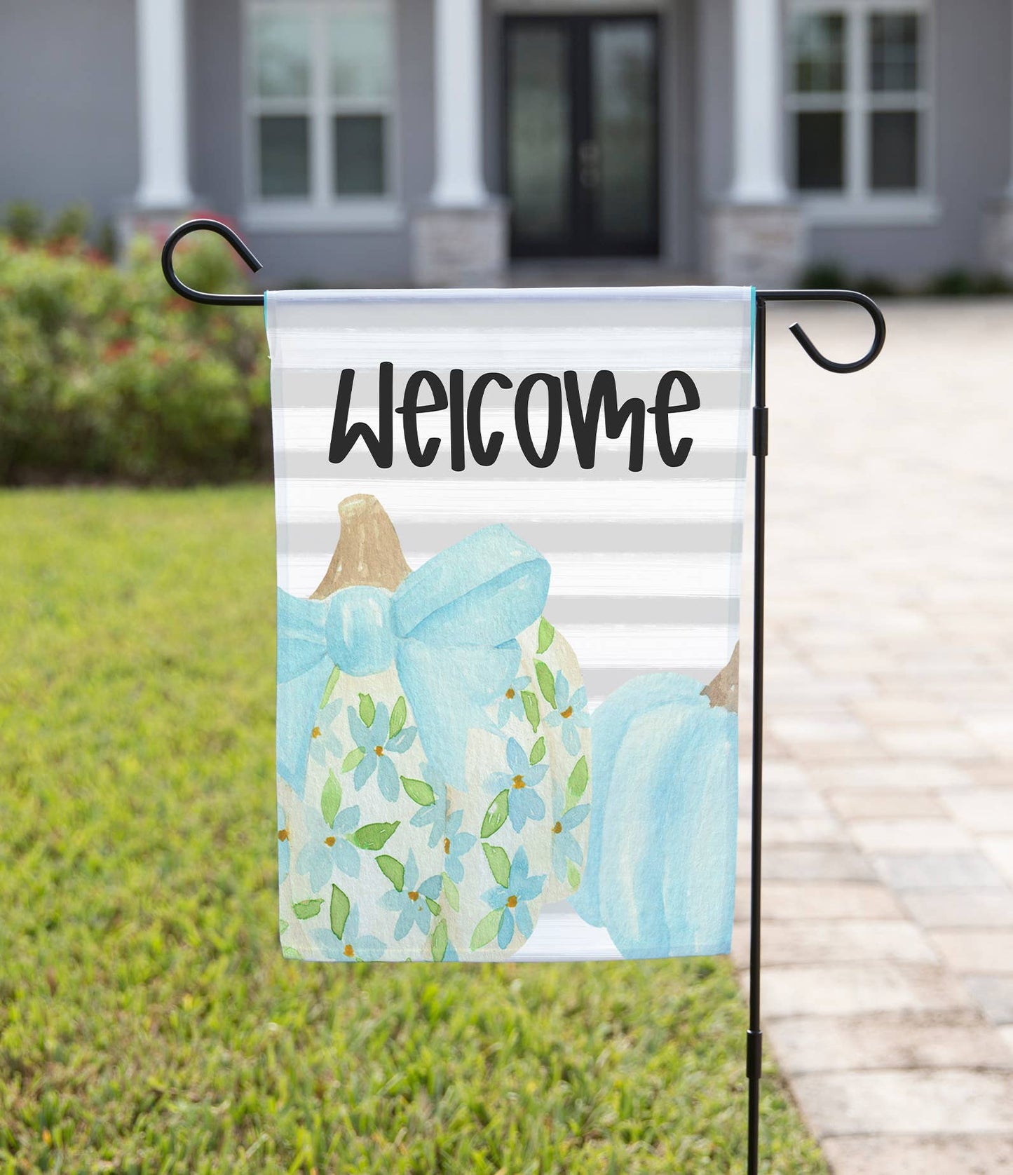 The Navy Knot - Fall Garden Flag - Welcome Pumpkins with Blue Ribbon: 12" x 18" - Double-Sided