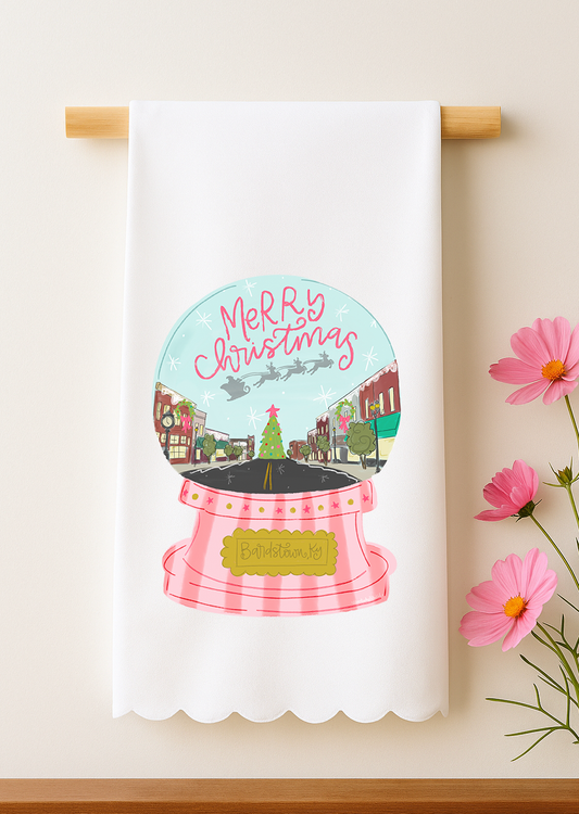 Doodles By Rebekah - Custom Name- Pink Snow Globe Scalloped Tea Towel
