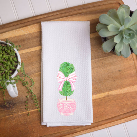 The Navy Knot - Topiary with Pink Bow Kitchen Towel: Waffle Towel
