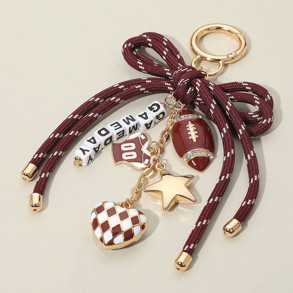 Sensibling Corp. - Football Themed Charm GAME DAY Message Beaded Rope Bow Accent Keychain / Bag Charm: Gold,Red,White