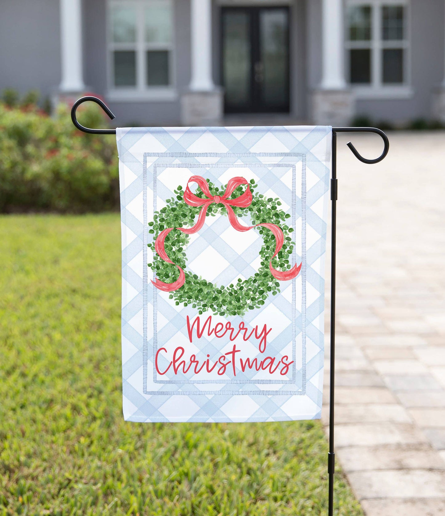 The Navy Knot - Merry Christmas Red Bow Wreath Garden Flag: 12" x 18" - Double-Sided