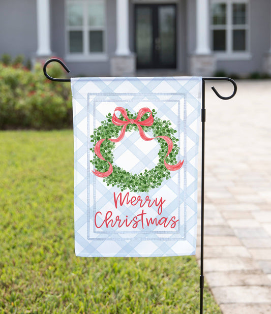The Navy Knot - Merry Christmas Red Bow Wreath Garden Flag: 12" x 18" - Double-Sided