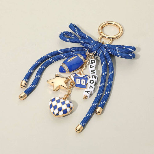 Sensibling Corp. - Football Themed Charm GAME DAY Message Beaded Rope Bow Accent Keychain / Bag Charm: Blue,Gold,White