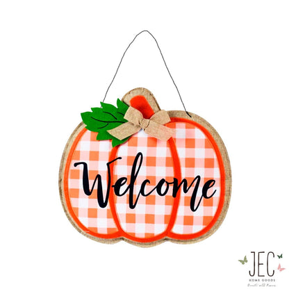 JEC Home Goods Inc - Buffalo Plaid Pumpkin Welcome Burlap Wall Décor 18"x16.5": Black and White