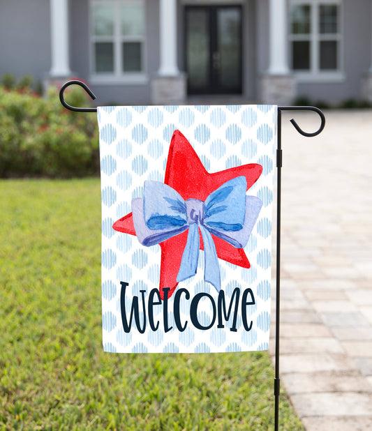 The Navy Knot - Summer Garden Flag - Red Star Blue Bow: 12" x 18" - Double-Sided