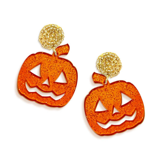 Viv&Lou - Orange Glitter Jack-o-Lantern Earrings