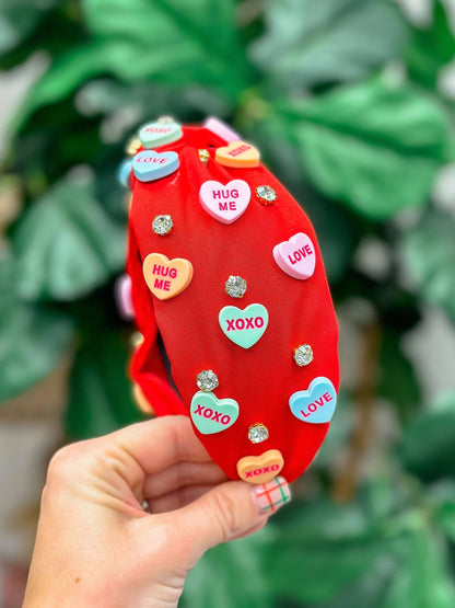 Prep Obsessed Wholesale - Candy Heart Decorated Knotted Headband - Red