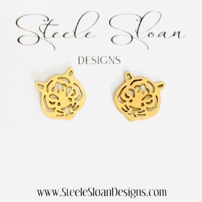 Steele Sloan Designs - Cute Tiger Earrings, Tiger Football Gift, Gold Stud Earrings: Gold