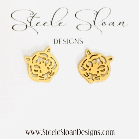 Steele Sloan Designs - Cute Tiger Earrings, Tiger Football Gift, Gold Stud Earrings: Gold