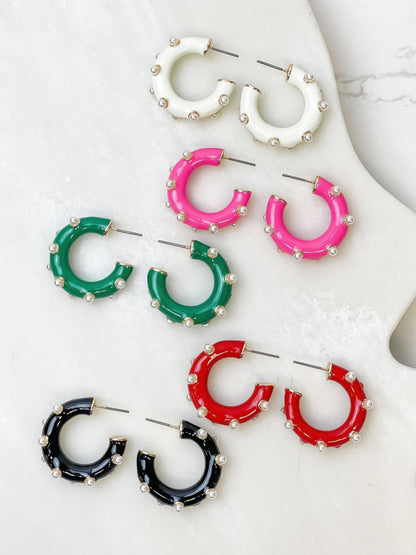 Prep Obsessed Wholesale - Dotted Pearl & Enamel Open Hoops: White