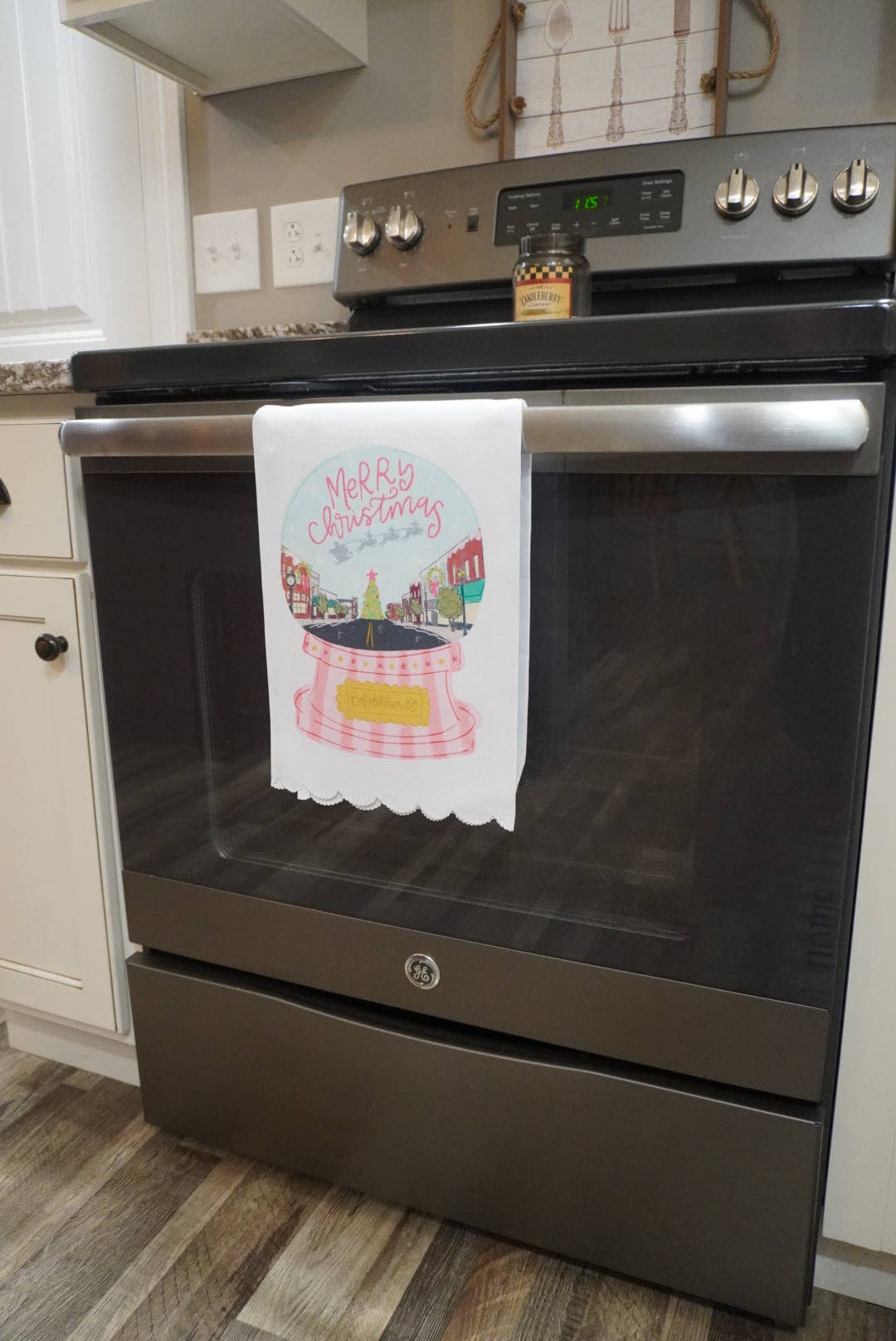 Doodles By Rebekah - Custom Name- Pink Snow Globe Scalloped Tea Towel