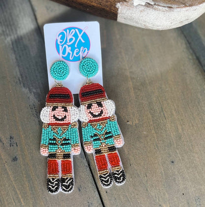 OBX Prep - Turquoise Nutcracker Christmas Beaded Dangle Earrings