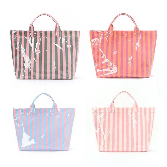 JOSSLYN by wall to wall - Large Striped Vinyl Tote Bags | 40P595: PINK GREEN