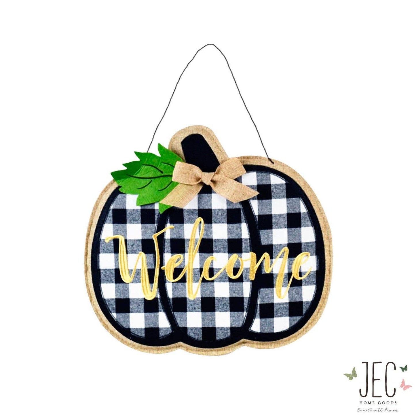 JEC Home Goods Inc - Buffalo Plaid Pumpkin Welcome Burlap Wall Décor 18"x16.5": Black and White