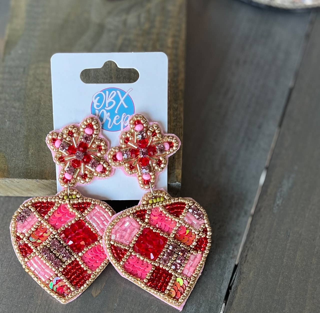 OBX Prep - Glam Pink and Red Heart Beaded Sequin Earrings