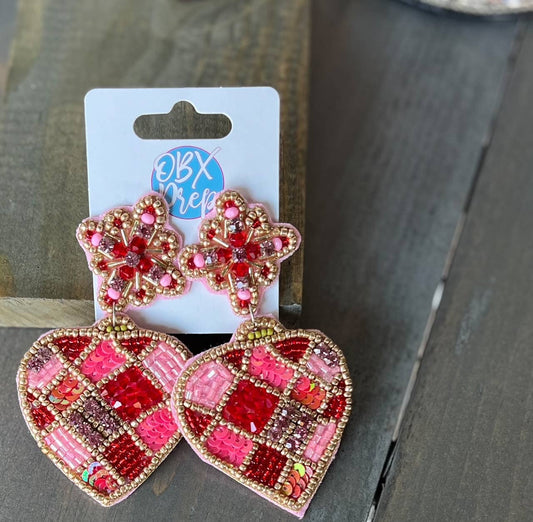 OBX Prep - Glam Pink and Red Heart Beaded Sequin Earrings
