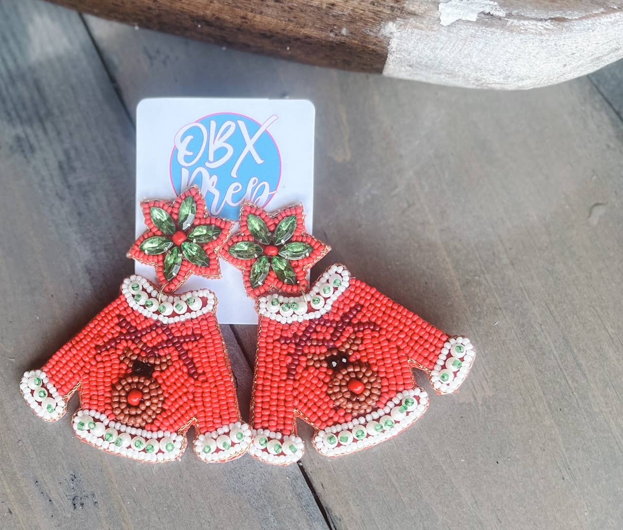 OBX Prep - Christmas Sweater Reindeer Seed Beaded Dangle Earrings
