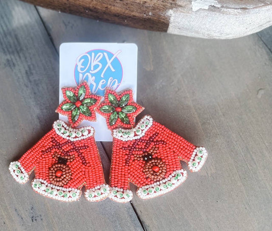 OBX Prep - Christmas Sweater Reindeer Seed Beaded Dangle Earrings