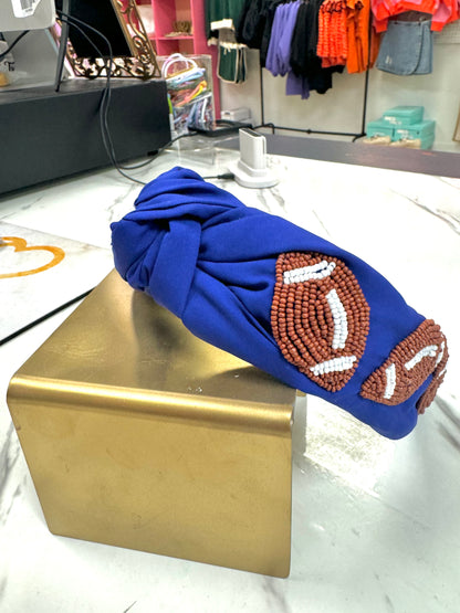 OBX Prep -Blue Beaded Football Top Knot Headband