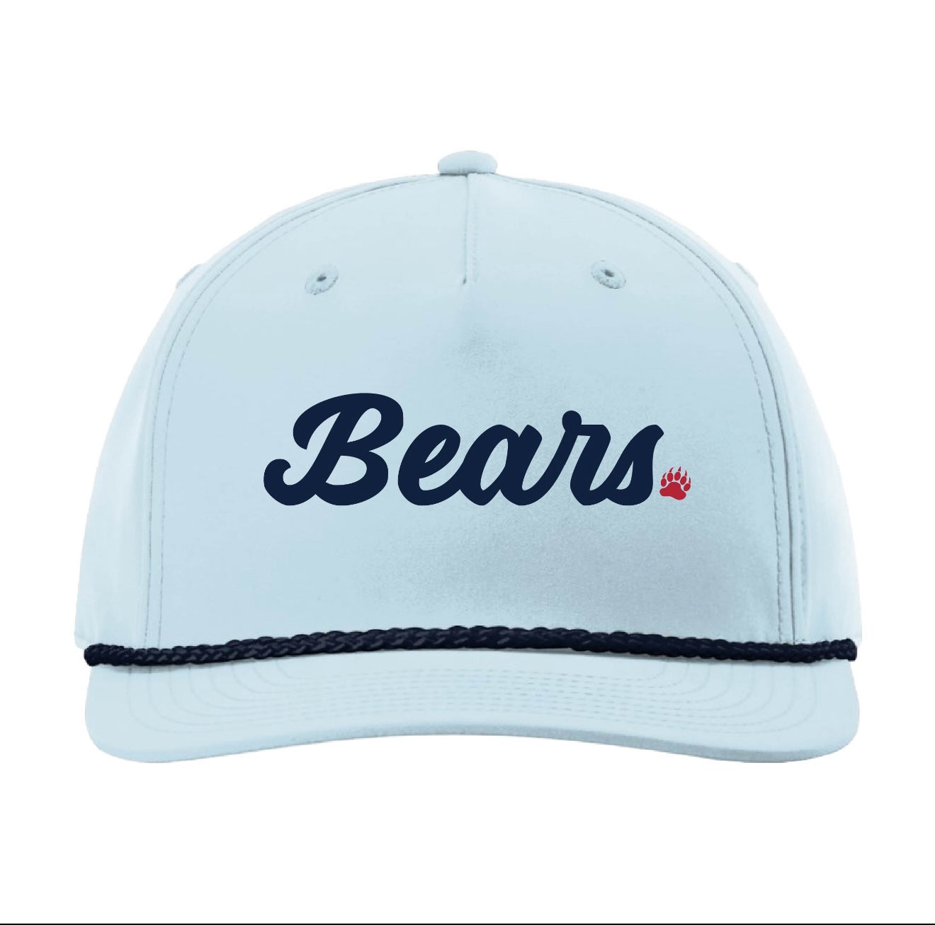 A light blue baseball cap featuring the word 'Bears' embroidered in dark navy script across the front, with a small red paw print accent and a matching navy braided trim along the brim.
