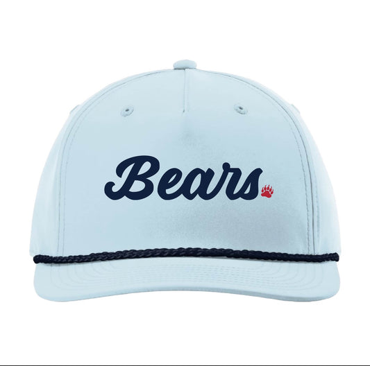 A light blue baseball cap featuring the word 'Bears' embroidered in dark navy script across the front, with a small red paw print accent and a matching navy braided trim along the brim.