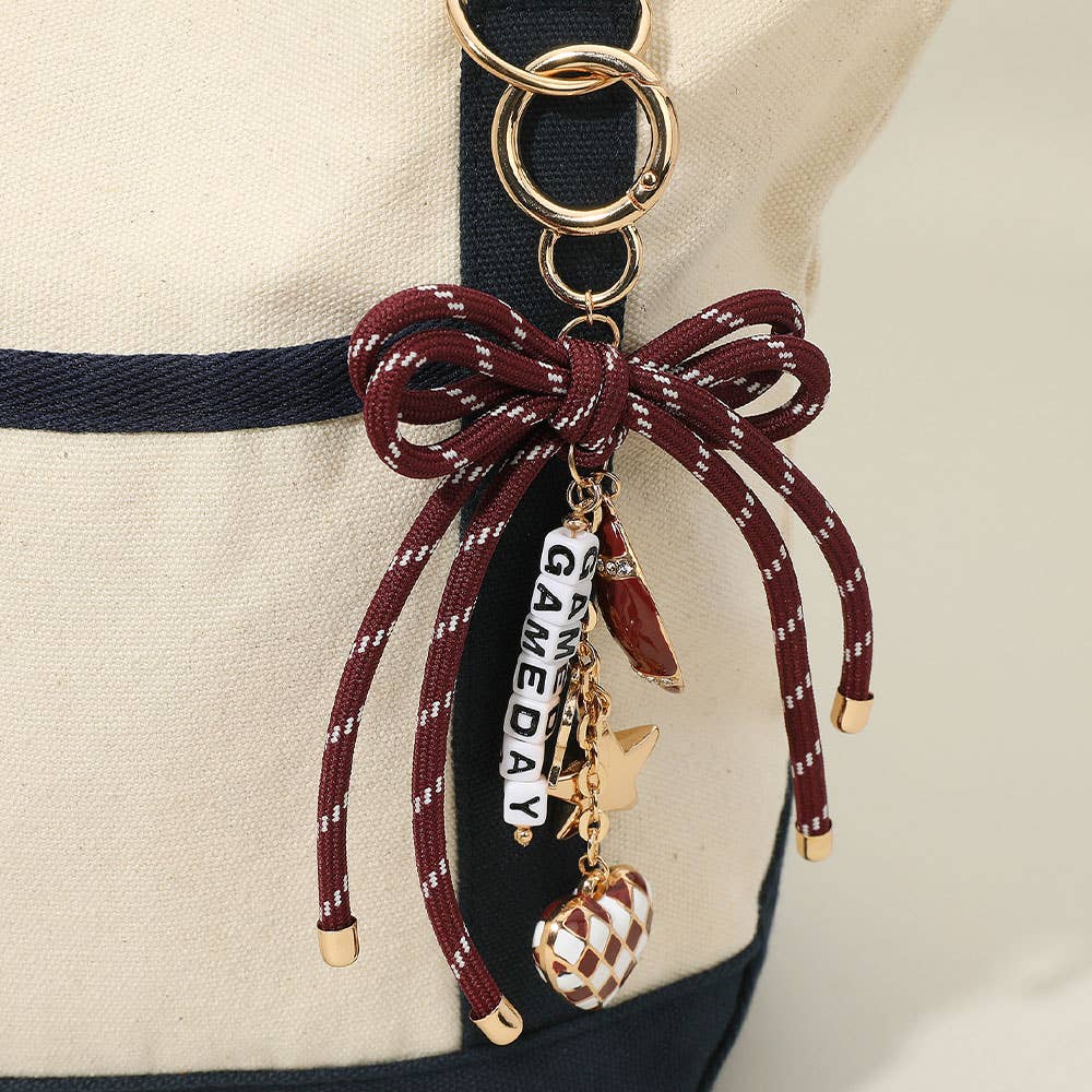Sensibling Corp. - Football Themed Charm GAME DAY Message Beaded Rope Bow Accent Keychain / Bag Charm: Gold,Red,White