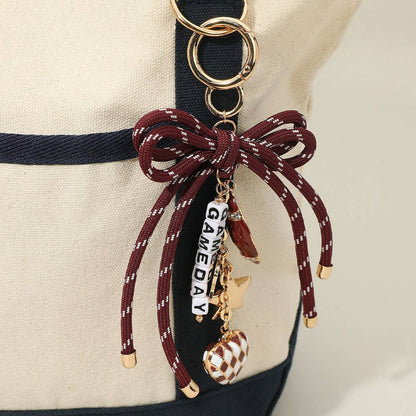 Sensibling Corp. - Football Themed Charm GAME DAY Message Beaded Rope Bow Accent Keychain / Bag Charm: Gold,Red,White