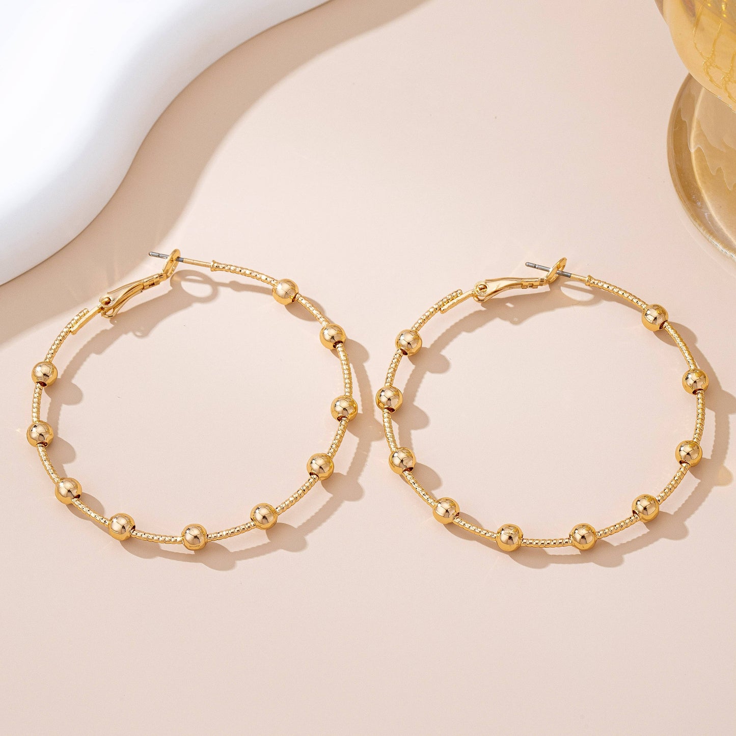 JOSSLYN by wall to wall - Classic Gold Ball Beaded Station Hoop Earrings | 80E61576: GOLD