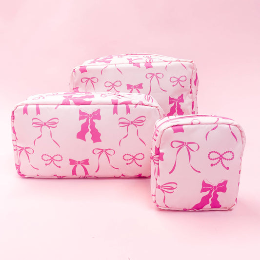 Rock Paper Scissors - Pink Bows Nylon Cosmetic Zipper Bag: Medium