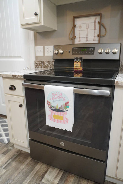 Doodles By Rebekah - Custom Name- Pink Snow Globe Scalloped Tea Towel