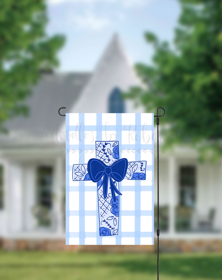 Doodles By Rebekah - Blue Bow Cross Garden Flag