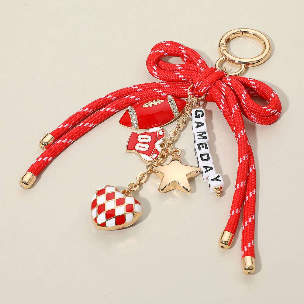 Sensibling Corp. - Football Themed Charm GAME DAY Message Beaded Rope Bow Accent Keychain / Bag Charm: Gold,Red,White